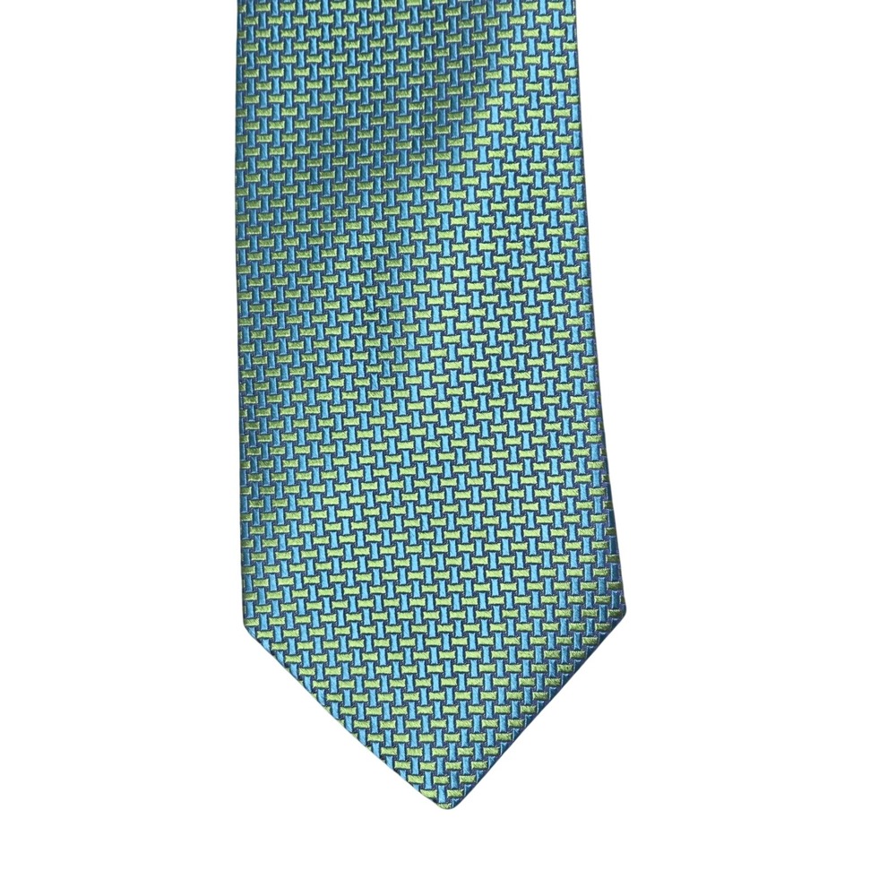 Ted Baker London Mens Silk Jacquard Tie Blue Green Geometric Basketweave Pattern - Picture 1 of 5